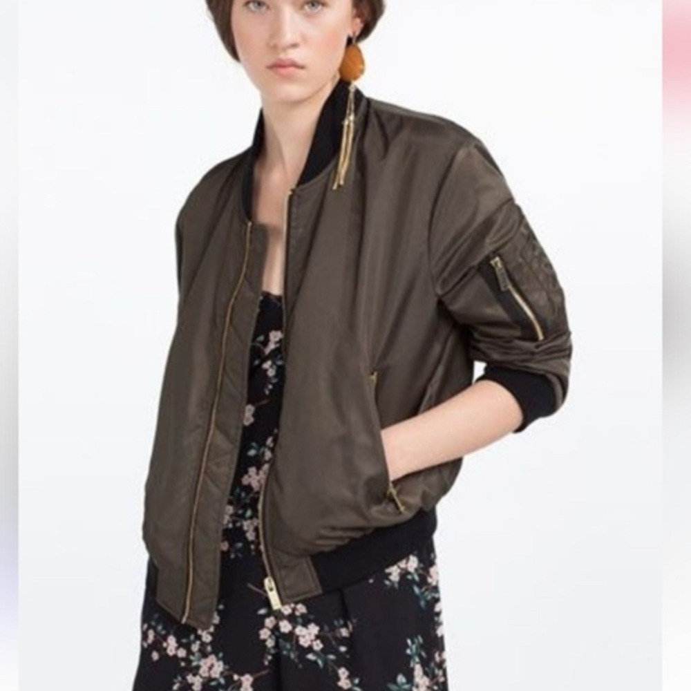 Zara basic bomber jacket army green gold hardware